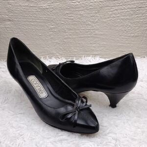 Connie Celia Black Leather Faux Bow Upper Pointed-Toe Kitten Heel Slip On Shoe